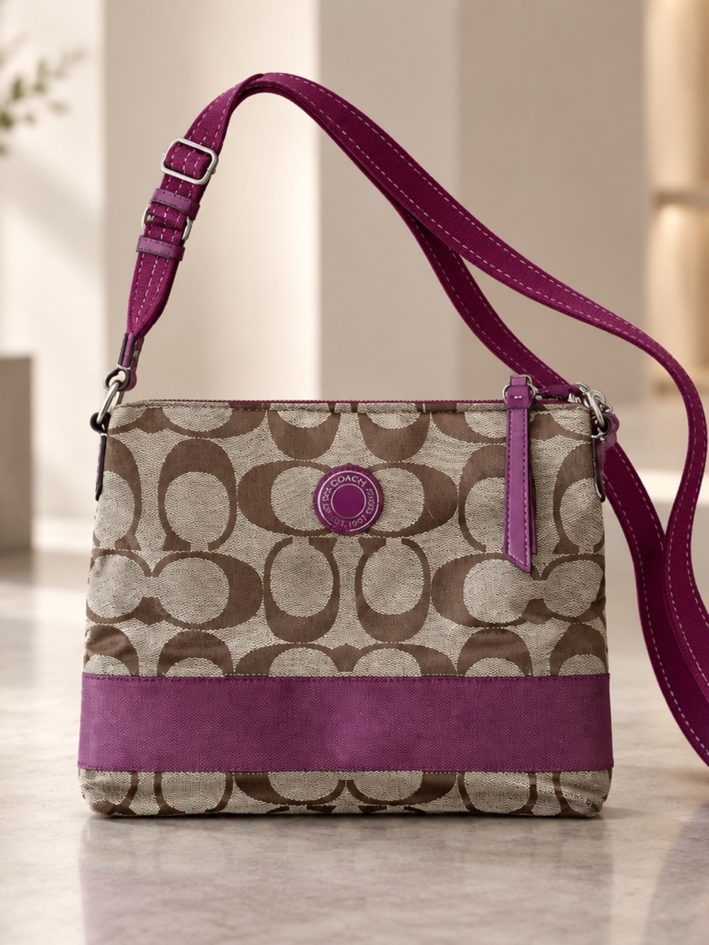 Coach Brown Signature Canvas Crossbody with Plum Trim